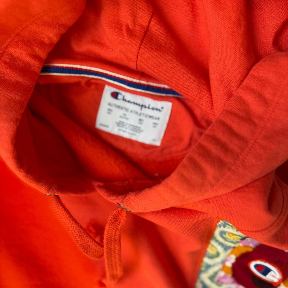 Champion Upcycled One of a Kind Hoodie Graphic Sleeve Hand Made Size 2XL‎ orange - Picture 3 of 6